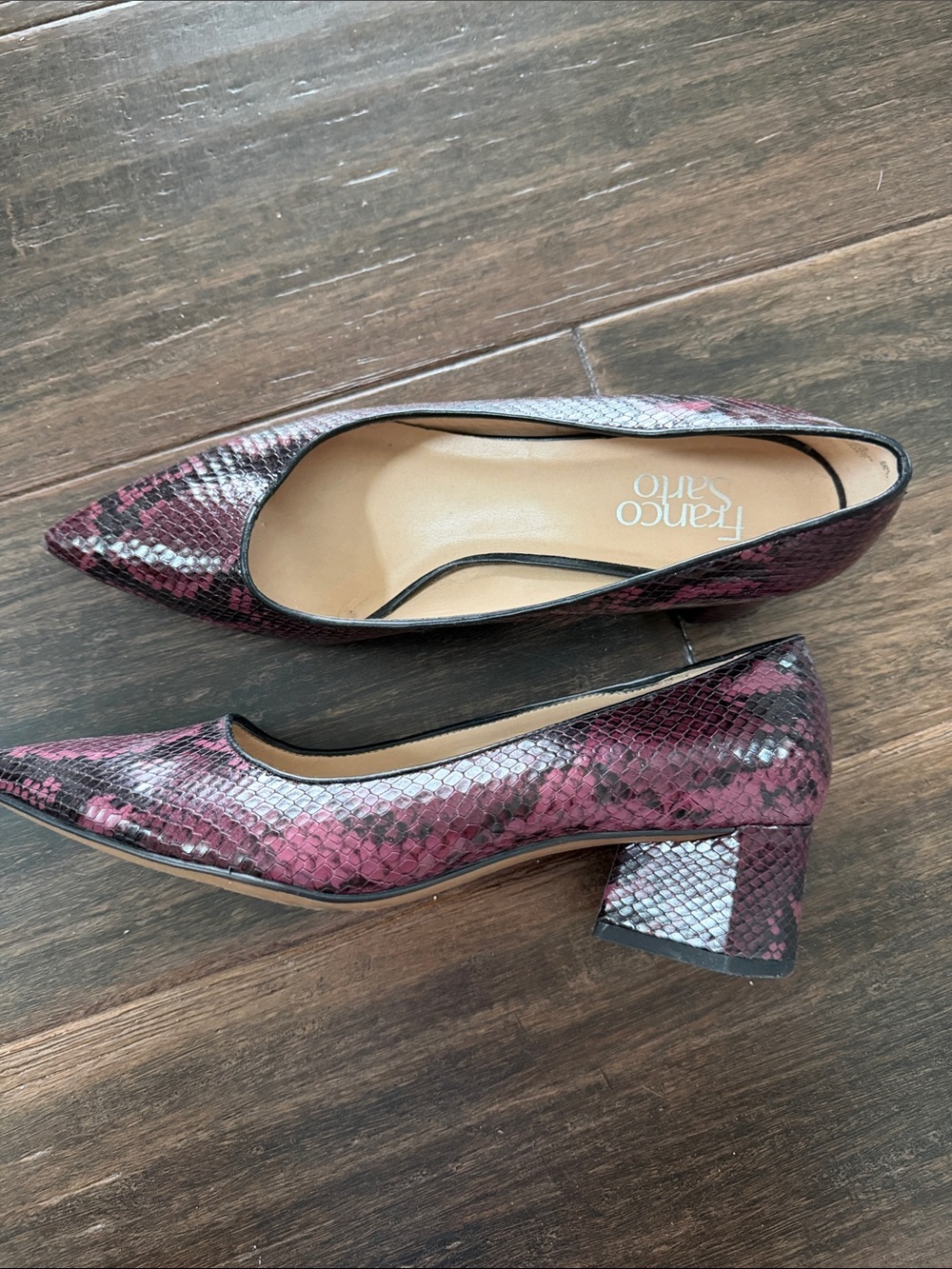Franco Sarto Wine Snake-Print Block Heel Pumps